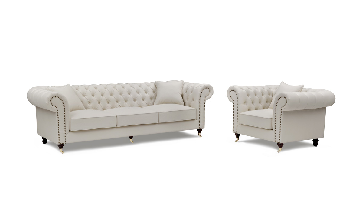 Chesterfield 3,5 + Fåtölj Benvit – Tygsoffa