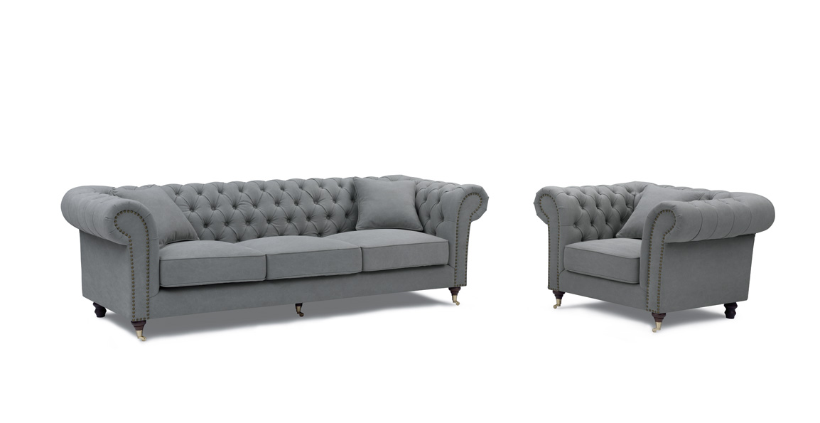 Chesterfield 3,5 + Fåtölj Grå - Tygsoffa