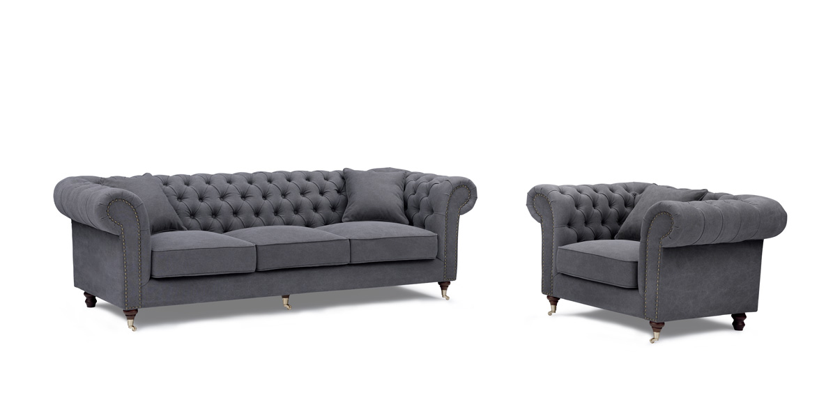 Chesterfield 3,5 + Fåtölj Mörkgrå – Tygsoffa